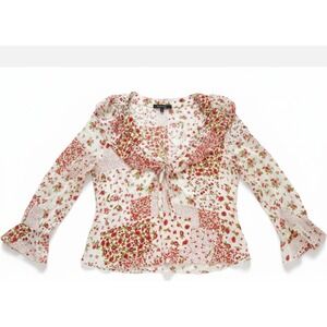 Zara XS Sheer Boho  Floral Patchwork Ruffle‎ Blouse Tie Front V-Neck Red Cream